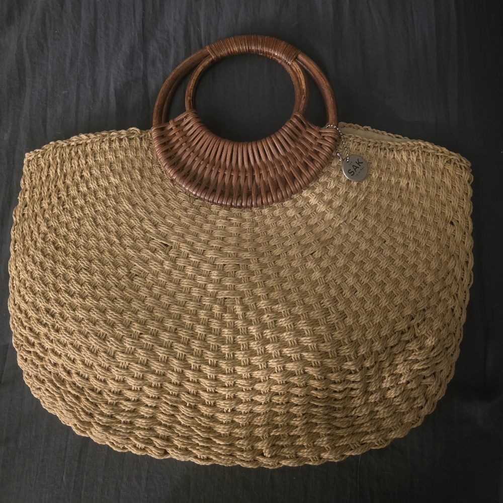 The Sak Crochet Tan Moon HandBag with Bamboo Handles...NWOT..RARE
